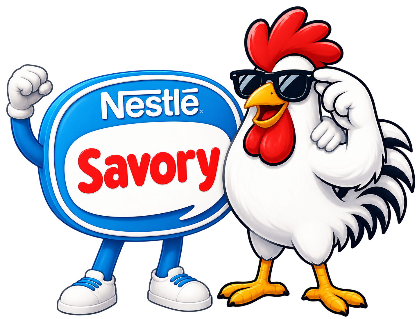 El pollo playero junto al personaje y logo de Savory